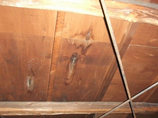 雨漏りの形跡を屋根裏で確認
